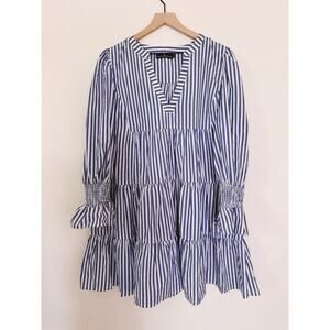 Pomander Place Dress Blue White Stripe Cotton Kenzo Tiered Coastal Boho XXL